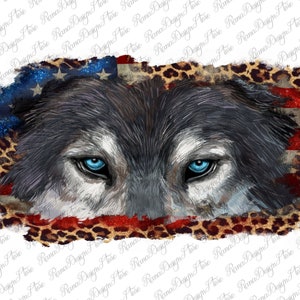 May include: A wolf's face with blue eyes is partially obscured by a tattered American flag with a leopard print border.