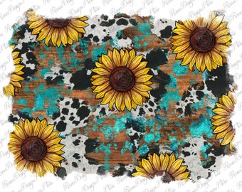 Cowhide Sunflower Western Distressed Background Png Design, Cowhide Background, Gemstone Background, Sunflower Background, Instant Download