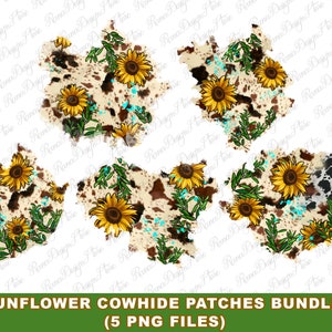 Può includere: Cinque immagini digitali di clipart di patch di pelle di mucca con disegni di girasoli. I patch sono in uno schema di colori bianco, marrone e nero con schizzi di blu turchese.