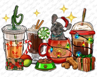 Christmas coffee cups with French Bulldog png sublimation design download, Christmas png, coffee cups png, sublimate designs download