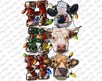 Ho Ho Ho Cows Png Sublimation Design, Christmas Cow Png, Western Cow Png, Xmas Longhorn Png, Ho Ho Ho Cows Png, Instant Download