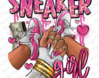 Pink and white sneaker girl png sublimation design download, sneaker life png, black woman png, sneaker girl png, sublimate designs download