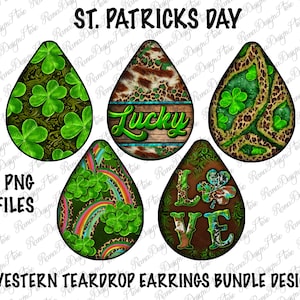 Western St. Patrick&#39;s Day Teardrop Earrings Png Sublimation Design Bundle,St. Patrick&#39;s Day Png,Earrings With Lucky And Clover Png Downloads