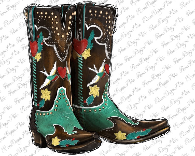 K&ouml;nnte beinhalten: Ein Paar braune Cowboy-Stiefel mit t&uuml;rkisfarbenen Akzenten und bunten Stickereien. Die Stiefel zeigen ein Herz, V&ouml;gel und Blumenmuster.