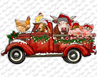 Può includere: Un camioncino rosso vintage decorato per Natale con una mucca, una capra, due maiali e una gallina. Il camioncino è ricoperto di neve e ha una ghirlanda di agrifoglio e pigne sul davanti. Gli animali indossano cappelli di Babbo Natale.