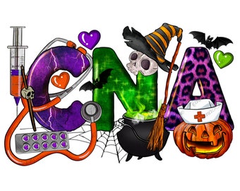 Può includere: Grafica a tema Halloween con la parola "CNA" in lettere colorate. Le lettere sono decorate con un cappello da strega, un calderone, uno stetoscopio, una siringa e un pipistrello. Le lettere sono circondate da cuori, una ragnatela e una zucca.