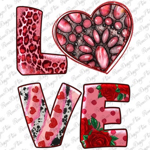 May include: A red, pink, and white graphic design of the word "LOVE" with different patterns and designs. The "L" is a leopard print, the "O" is a pink and white zebra print, the "V" is a pink and white heart print, and the "E" is a pink and white polka dot print with red roses.