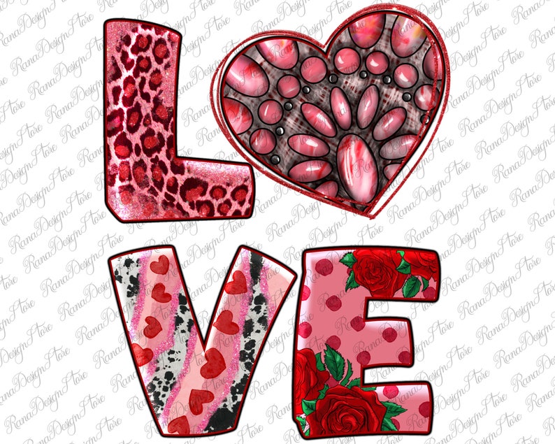 May include: A red, pink, and white graphic design of the word "LOVE" with different patterns and designs. The "L" is a leopard print, the "O" is a pink and white zebra print, the "V" is a pink and white heart print, and the "E" is a pink and white polka dot print with red roses.
