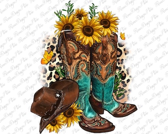 Botas vaqueras girasol leopardo png diseño de sublimación descargar, png occidental,botas occidentales png,diseño png occidental,diseños sublimados descargar