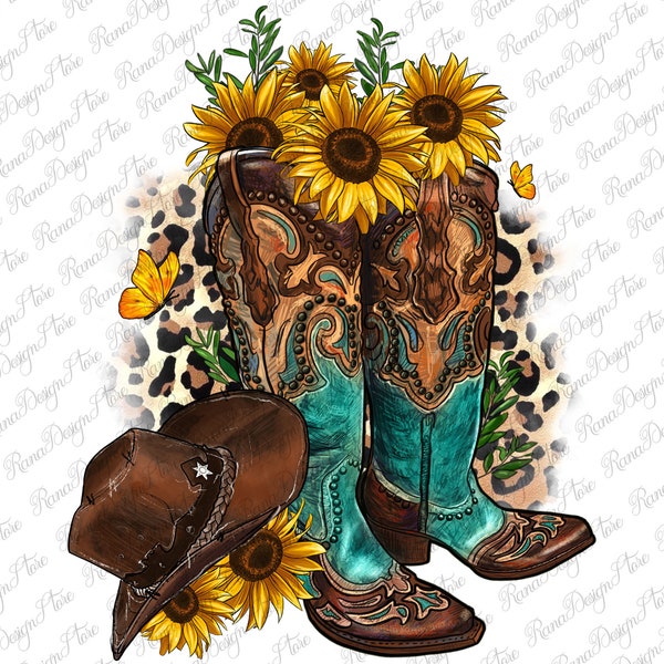 Cowgirl boots sunflower leopard png sublimation design download, western png,western boots png,western png design,sublimate designs download