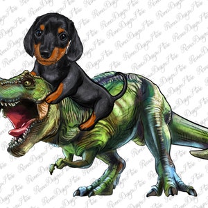 Dachshund Puppy Riding T-Rex Dinosaur Sublimation Design, Dachshund Puppy Png, T-Rex Png, Dinosaur Png, Rainbow Dog Png, Digital Downloads
