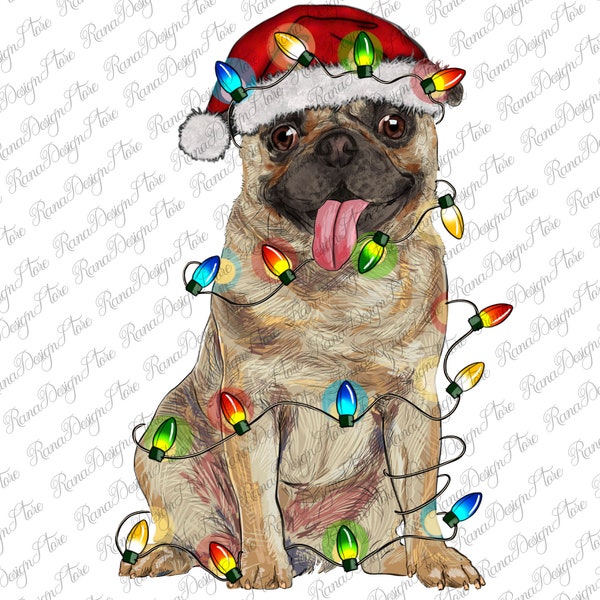 Pug With Christmas Lights Png Sublimation Design,Dog Mom Png,Western Christmas Png,Santa Hat Dog Png,Christmas Light,Instant Download