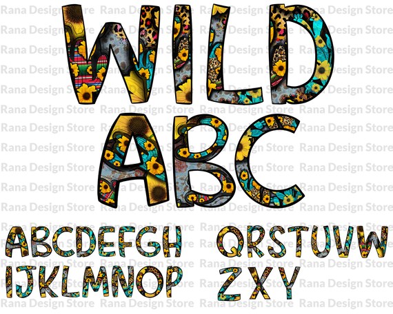 Western Sunflower And Cactus Print Alphabet Letters,Sublimate Download,Western Font,country,western,Cheetah, Animal Print, Alphabet PNG