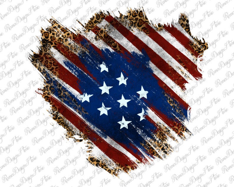 May include: A distressed American flag design with a leopard print background. The flag is red, white, and blue with a blue field of stars. The design is perfect for patriotic crafts and projects.