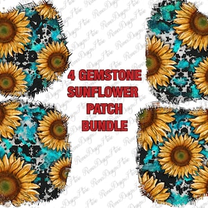 Peut inclure: Quatre motifs numériques représentant un motif de tournesol sur un fond bleu et blanc. Les motifs sont de style vieilli avec un effet grunge. Le texte "4 GEMSTONE SUNFLOWER PATCH BUNDLE" est en rouge.