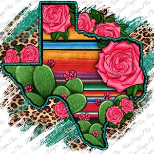 Mapa de Texas con rosas de cactus y serape Png Diseño de sublimación, Diseño occidental Mapa de Texas Png, Mapa de Leopard Texas Png, Descargas digitales
