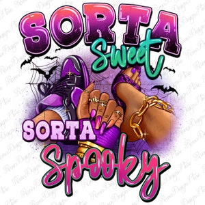 May include: A colourful graphic design with the text "SORTA Sweet SORTA Spooky" in pink, purple, and green. The design features a pair of purple and black trainers, a high-heeled shoe, and a gold chain.