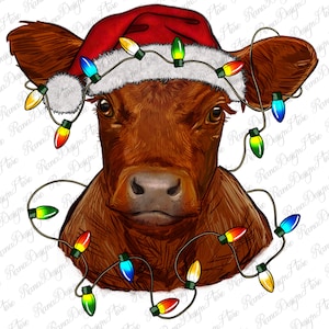 Christmas baby red angus calf with lights png, Merry Christmas png, Happy New year png, baby angus png, sublimate designs download