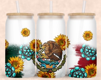 Mexican Flag sunflowers and gemstone libbey glass png sublimation design download, Mexican Flag libbey glass png, sublimate designs download