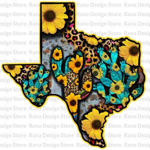 Sonnenblume und Kaktus Texas Karte Design,Texas Karte,Sonnenblume Texas,Türkis Kaktus,Western Texas,Sublimation Design,Digital Download,Png Datei