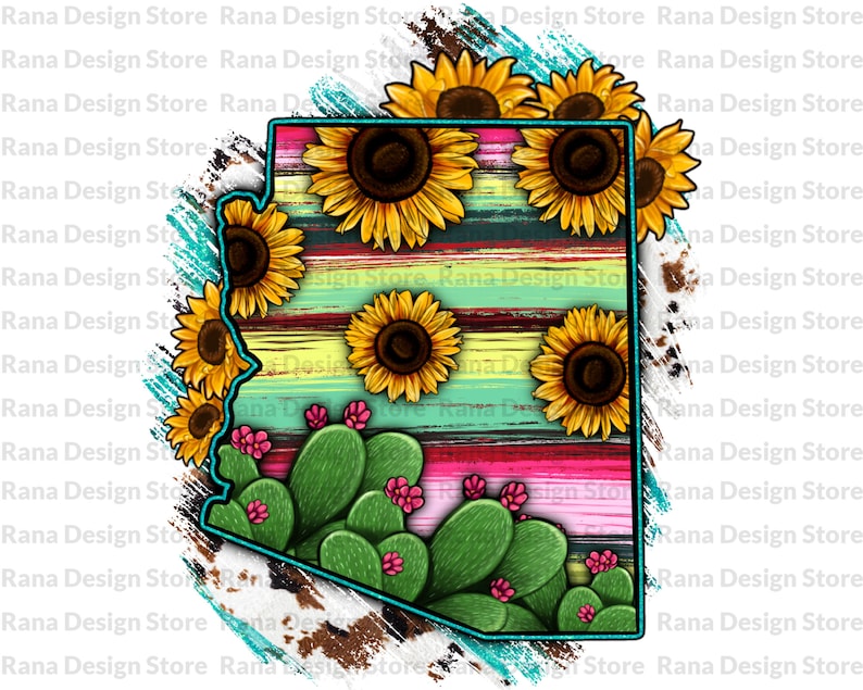 Arizona Map Png Sunflower and Cactus Arizona Map Design Etsy