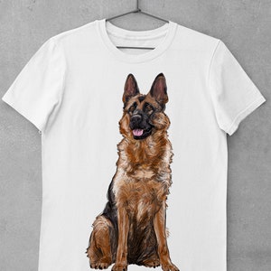 May include: White t-shirt with a brown and black German Shepherd dog illustration.