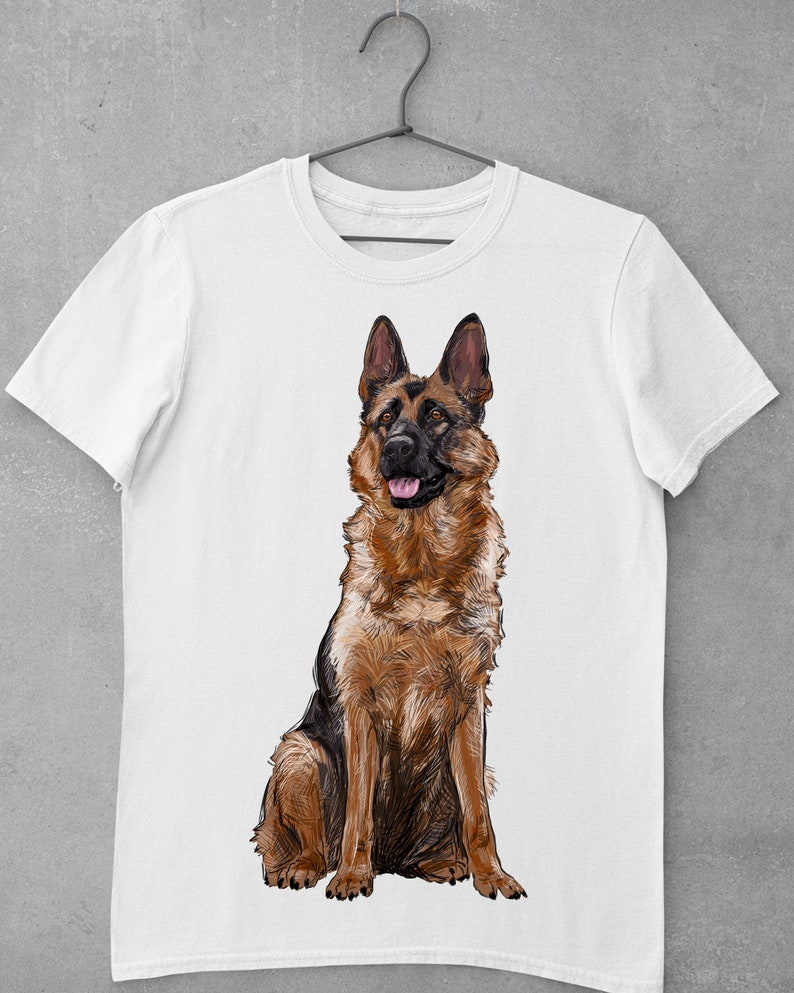 May include: White t-shirt with a brown and black German Shepherd dog illustration.