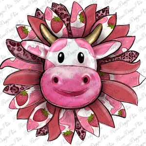 Strawberry Milkshake Cow Sunflower Png Sublimation Design, Cow Png, Sunflower With Cow Png, Pink Sunflower Png, Instant Download