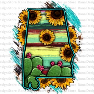 Alabama Kaart Png, Zonnebloem en Cactus Alabama Kaart ontwerp, Alabama Kaart, Zonnebloem Alabama, Serape Alabama, West-Alabama, Sublimatie Ontwerp