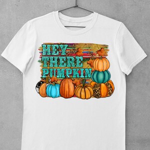 May include: White t-shirt with a graphic design of pumpkins and the text "Hey There Pumpkin" in teal and orange.