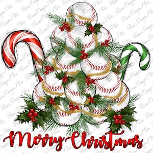 May include: A Christmas tree made of baseballs with red and white candy canes on either side. The tree is decorated with holly and gold glitter. The text "Merry Christmas" is written in red at the bottom of the image.