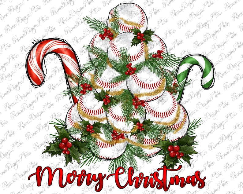 May include: A Christmas tree made of baseballs with red and white candy canes on either side. The tree is decorated with holly and gold glitter. The text "Merry Christmas" is written in red at the bottom of the image.