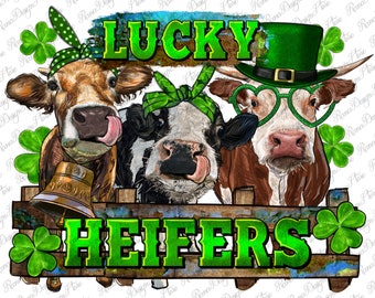 St Patricks Day Lucky Heifers Png Sublimation Design, St. Patricks Day Png, Lucky Heifers Png, Heifers With Shamrock Png, Digital Downloads