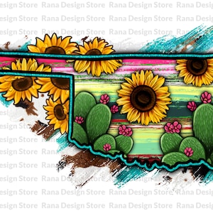 Oklahoma Karte Png, Sonnenblume und Kaktus Oklahoma Map Design, Oklahoma Karte, Sonnenblumen Oklahoma, Serape Oklahoma, Western Oklahoma, Sublimation