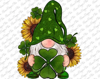 St. Patricks Day Shamrock Gnome With Sunflowers Png Sublimation Design, St. Patricks Day Gnome Png, Shamrock Gnome Png Digital Downloads