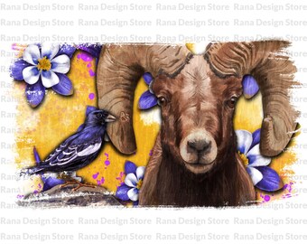 Colorado State Symbols Background PNG Sublimation Design,Colorado Symbols,Bighorn Sheep,Lark Bunting Bird PNG,Columbine PNG,Digital Download