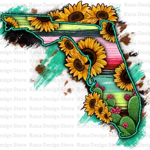 Serape Florida Kaart Sublimatie Design, Zonnebloem Cactus Florida Kaart PNG, Paardenhuid PNG, West-Florida Kaart PNG, Serape Patroon, Digitale Download