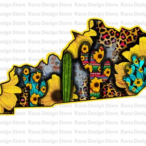 SonnenblumeN Kaktus Kentucky Karte Design,Kentucky Karte,Sonnenblume Kentucky,Türkis Kaktus,Western Kentucky,Sublimation Design,Digital Download