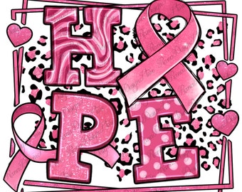 Könnte beinhalten: Rosa glitzernde Buchstaben, die "HOPE" buchstabieren, mit rosa Schleifenakzenten und einem Leopardenmuster-Hintergrund. Die Buchstaben sind schwarz umrandet.