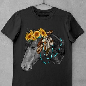 May include: Black horse head with a sunflower crown and turquoise beads. The horse has feathers in its mane.
