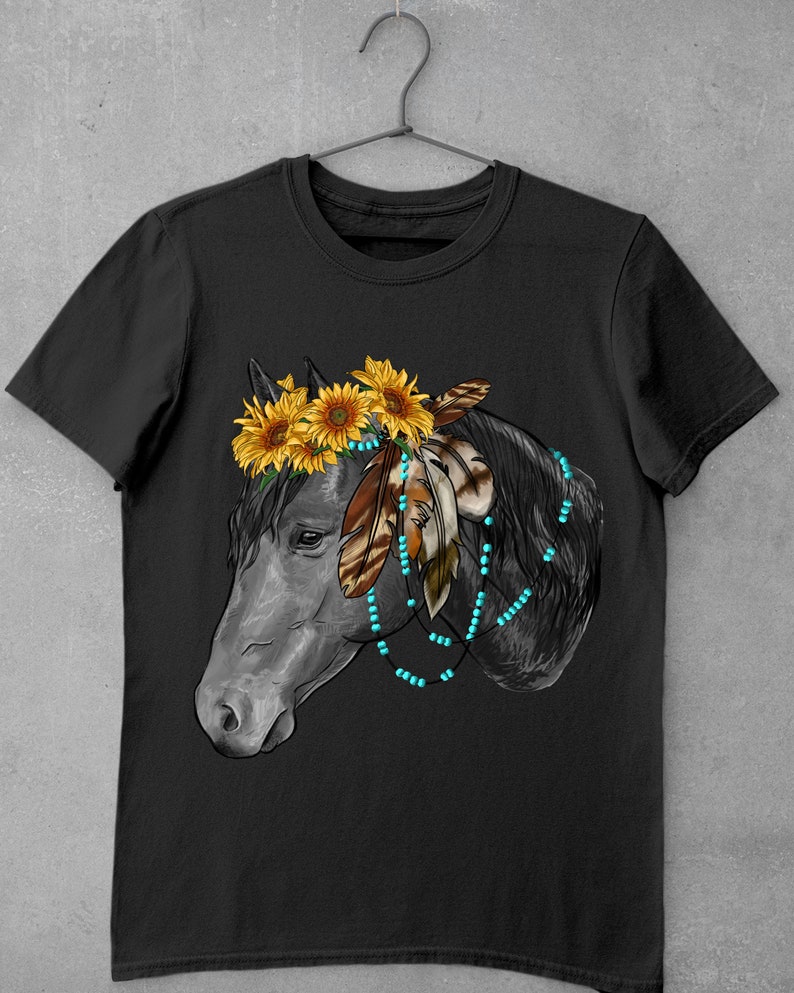 May include: Black horse head with a sunflower crown and turquoise beads. The horse has feathers in its mane.