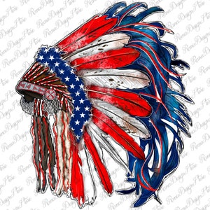 May include: A red, white, and blue headdress with feathers. The headdress is decorated with stars and stripes, resembling the American flag.