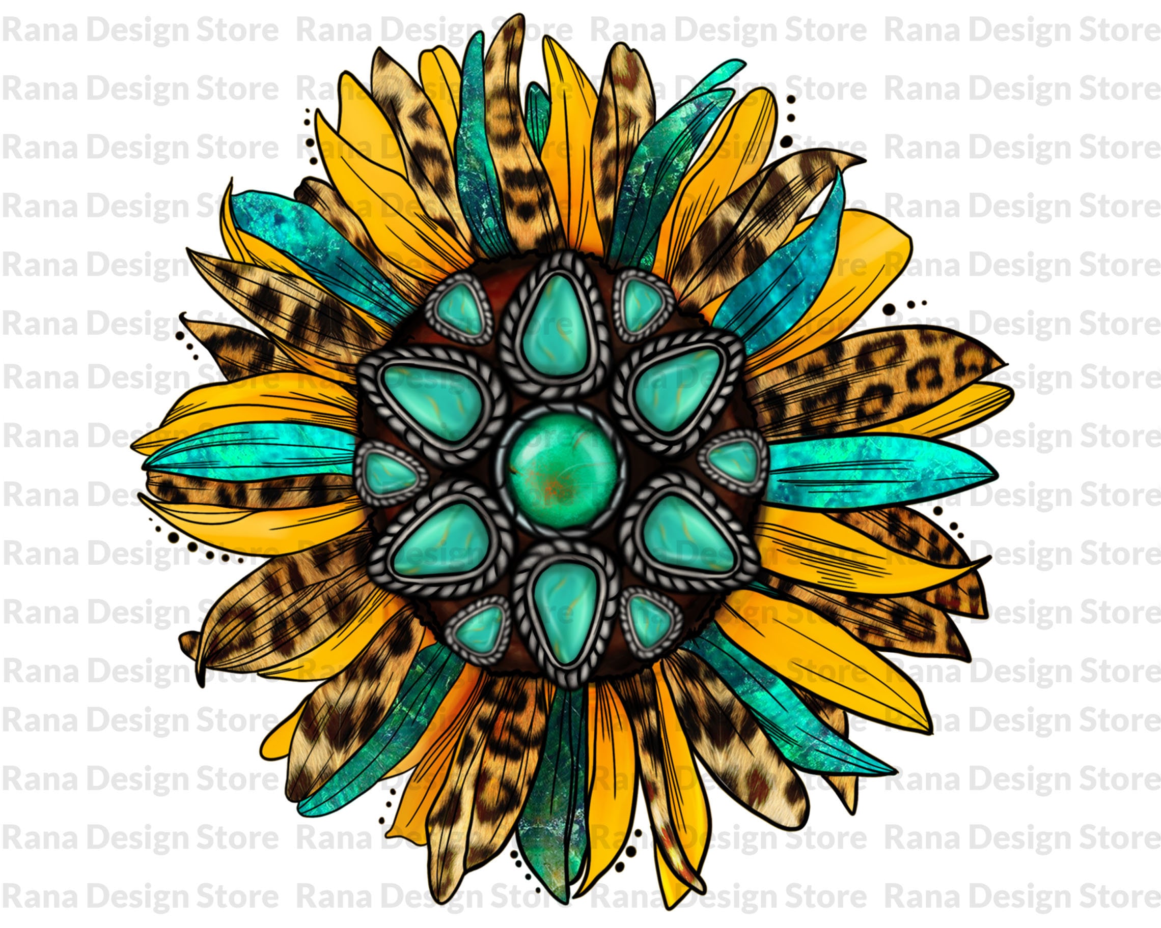 Turquoise Gemstone Leopard Sunflower Png Sublimation Design Etsy