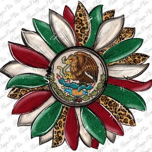 May include: A sunflower design with the Mexican flag in the center. The sunflower petals are red, white, green, and brown with a leopard print pattern.