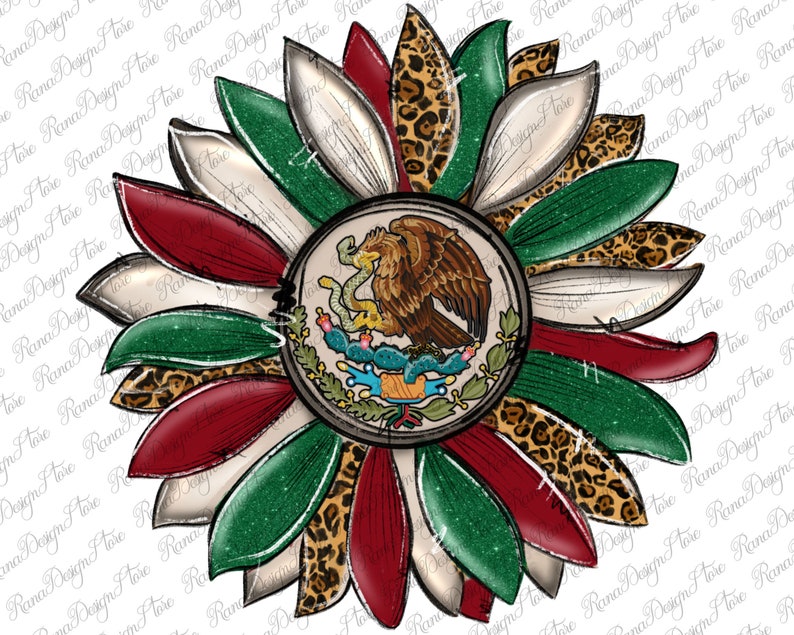 May include: A sunflower design with the Mexican flag in the center. The sunflower petals are red, white, green, and brown with a leopard print pattern.