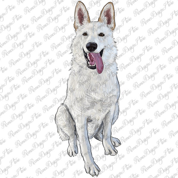 Hand Drawing White Shepherd Png Sublimation Design Downloads, White Shepherd Png, White Shepherd Dog Png,Shepherd Dog Portrait Png Download