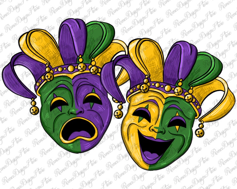 May include: Two Mardi Gras jester masks with purple, green, and gold accents. One mask is smiling and the other is frowning.