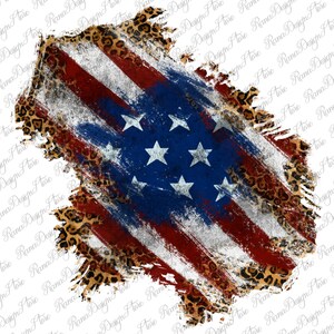 May include: A distressed American flag design with a leopard print background. The flag is faded and has a grunge effect. The leopard print is in shades of brown, black, and white.
