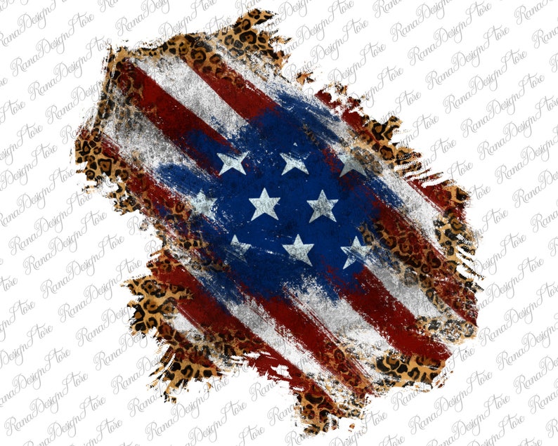 May include: A distressed American flag design with a leopard print background. The flag is faded and has a grunge effect. The leopard print is in shades of brown, black, and white.