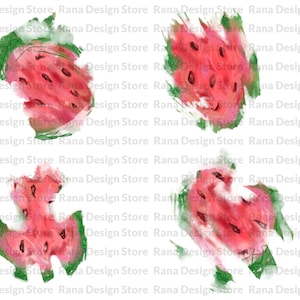 Pode incluir: Quatro ilustrações de aquarela de fatias de melancia com casca verde e polpa vermelha. As fatias de melancia são pintadas em um estilo solto e abstrato.